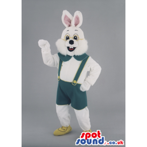 White Bunny Animal Mascot With Glasses And Green Suspenders -