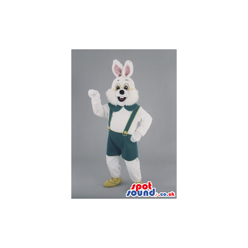 White Bunny Animal Mascot With Glasses And Green Suspenders -