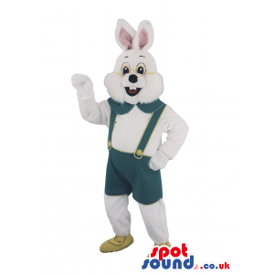 White Bunny Animal Mascot With Glasses And Green Suspenders -