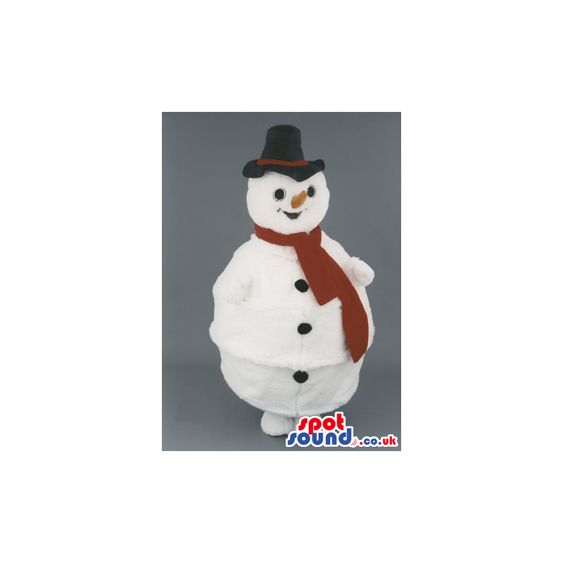 White Snowman Mascot Wearing Black Hat And Red Scarf - Custom