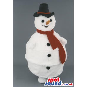 White Snowman Mascot Wearing Black Hat And Red Scarf - Custom