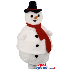 White Snowman Mascot Wearing Black Hat And Red Scarf - Custom