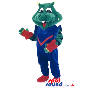 Green And Yellow Frog Mascot With Space Clothes And Garments -