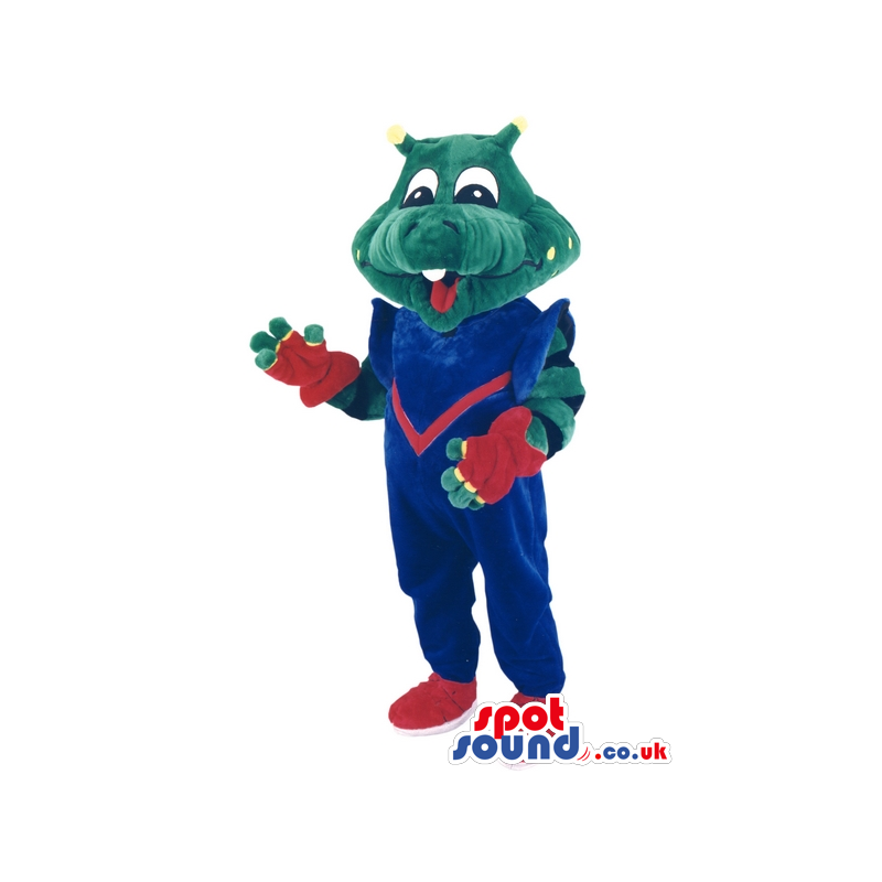 Green And Yellow Frog Mascot With Space Clothes And Garments -