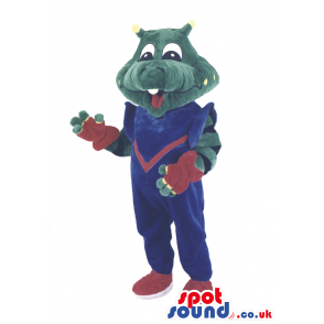Green And Yellow Frog Mascot With Space Clothes And Garments -