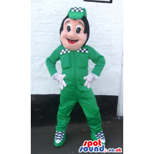 Car Workshop Boy Cartoon Mascot With Green Clothes And Cap -