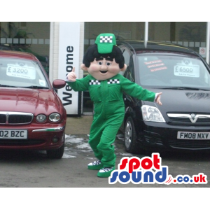 Car Workshop Boy Mascot With Green Clothes And A Cap - Custom