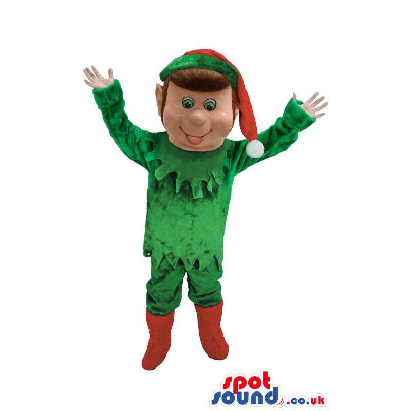 Elf Christmas Mascot With Red Hat And Boots And Green Clothes -