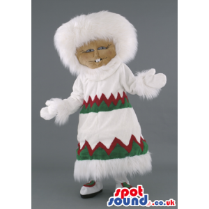 Eskimo Polar Human Mascot Wearing Warm Clothes And Gloves -