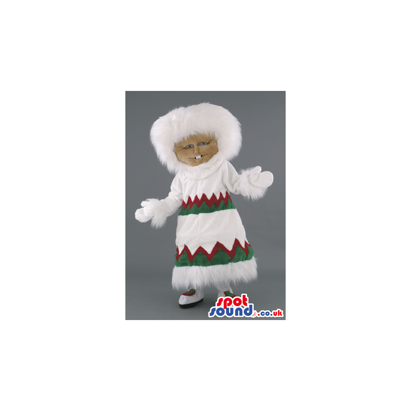 Eskimo Polar Human Mascot Wearing Warm Clothes And Gloves -