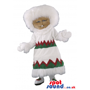 Eskimo Polar Human Mascot Wearing Warm Clothes And Gloves -