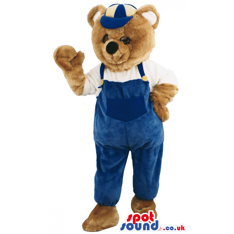 Brown Bear Animal Mascot Wearing Blue Overalls And A Cap -