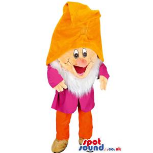 Happy dwarf mascot with a yellow hat and a red costume