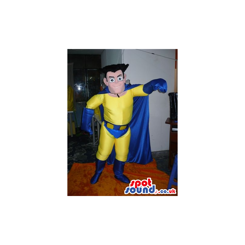 Yellow And Blue Superhero Human Mascot With Blue Cape - Custom
