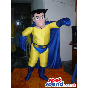 Yellow And Blue Superhero Human Mascot With Blue Cape - Custom