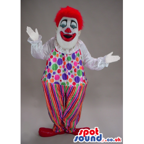 Big White Clown Mascot With Red Hair, Nose And Colorful Clothes