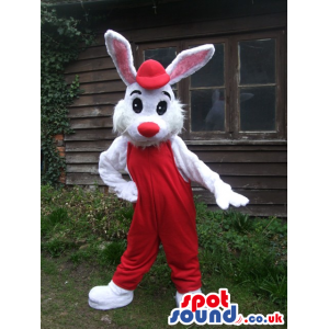 Roger Rabbit Cartoon Mascot With Red Overalls And Cap - Custom