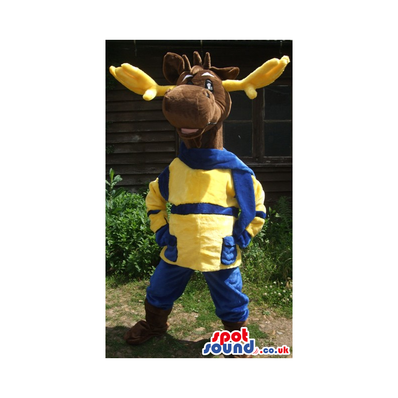 Brown Reindeer Animal Mascot Wearing Blue And Yellow Clothes -