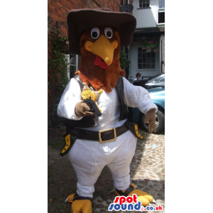 White And Brown Chicken Animal Mascot With Cowboy Garments -