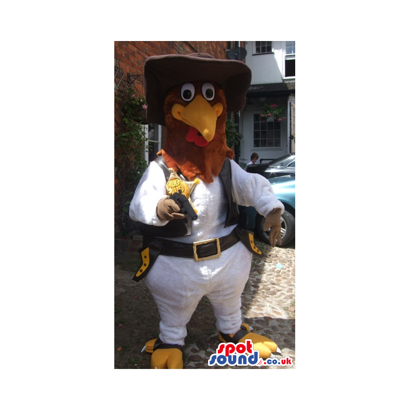 White And Brown Chicken Animal Mascot With Cowboy Garments -