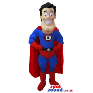 Super Hero Human Mascot With Red And Blue Garments And Cape
