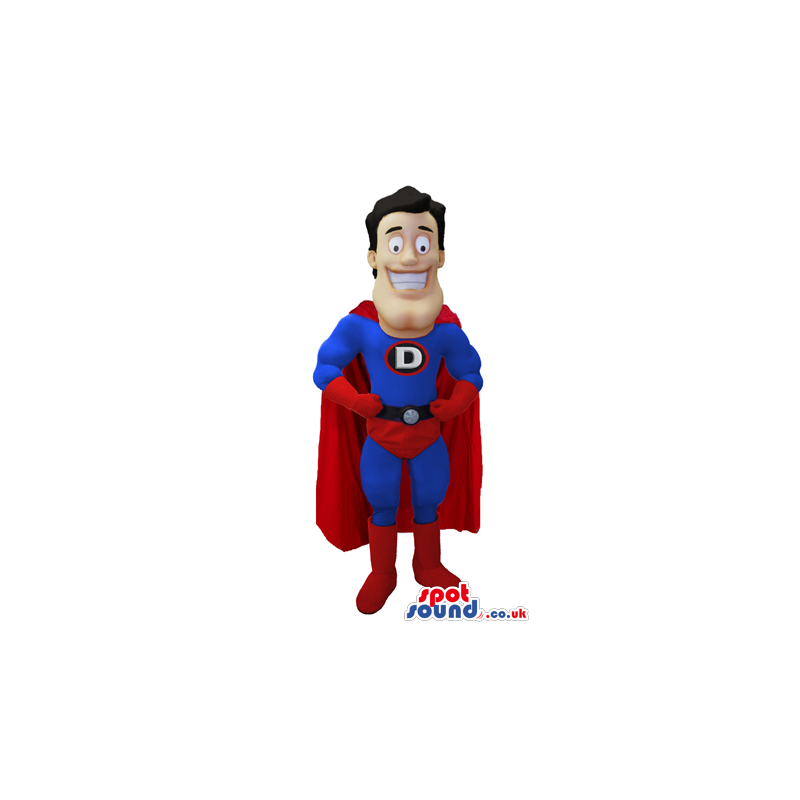 Super Hero Human Mascot With Red And Blue Garments And Cape -