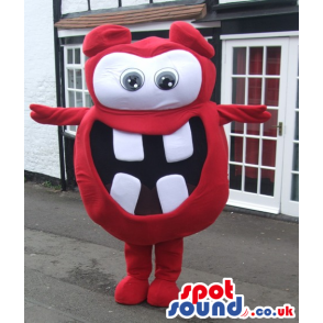 Red And White Comical Mascot With Huge Teeth And Eyes - Custom