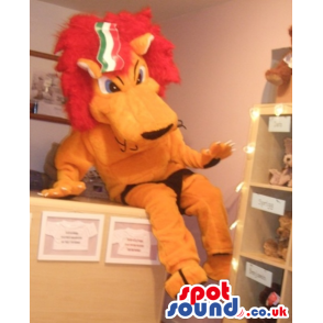 Customizable Lion Animal Mascot With Flag On Its Red Hair -