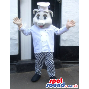 Pig Animal Mascot With Black And White Chef Hat And Clothes -