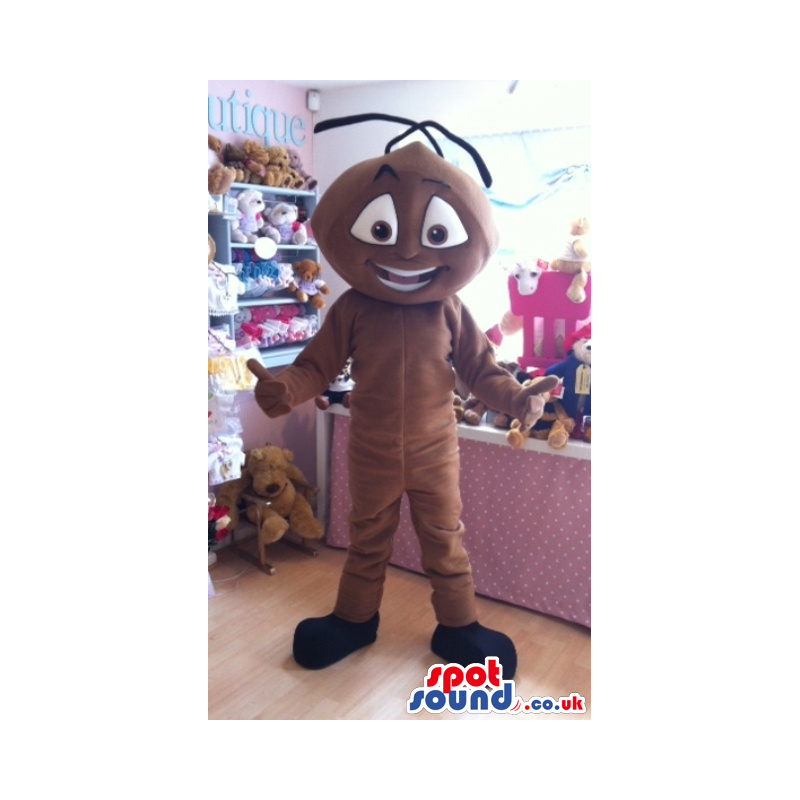 Brown Ant Insect Mascot With Antennae And Big Eyes And Smile -