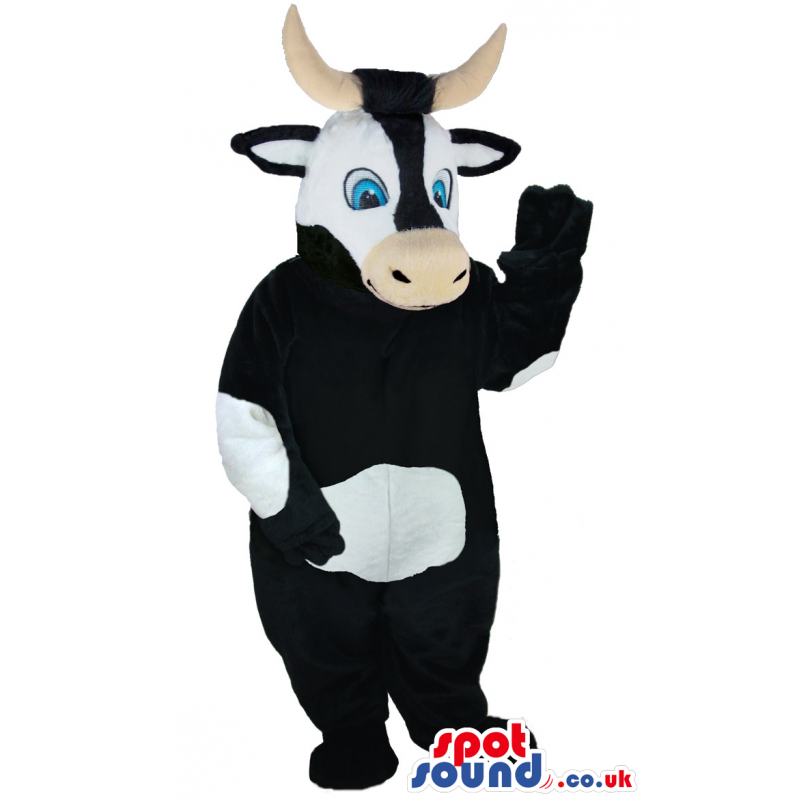 Black And White Cow Animal Mascot With Horns And Blue Eyes -