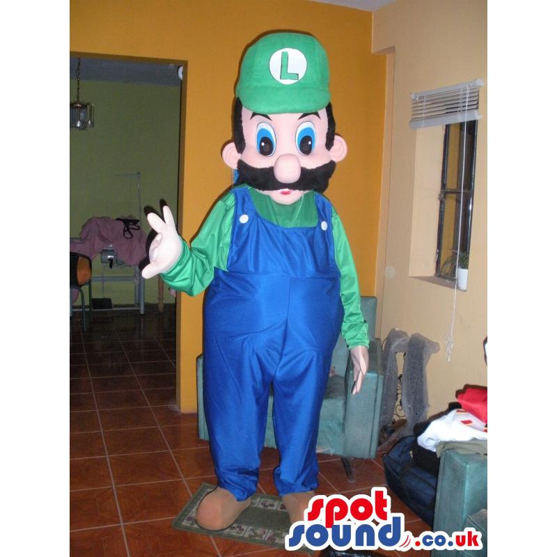 Mario mascot with big mushtache in blue- green cloth in green