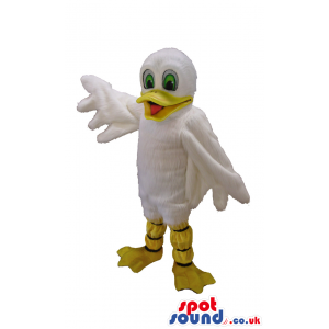 White Duckling Animal Mascot With Green Eyes And Big Wings -