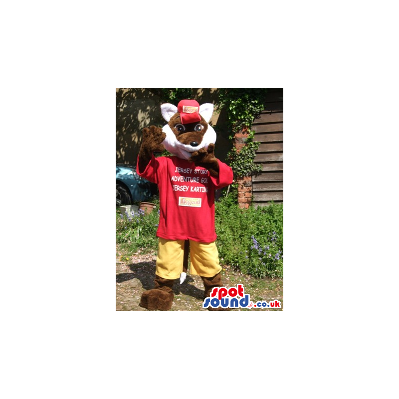 Brown And White Fox Animal Mascot With Red T-Shirt And Yellow