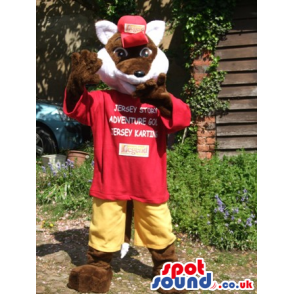 Brown And White Fox Animal Mascot With Red T-Shirt And Yellow