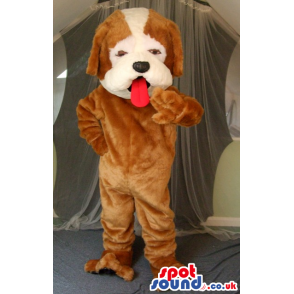 Plain Brown And Beige Dog Animal Mascot With Red Tongue -