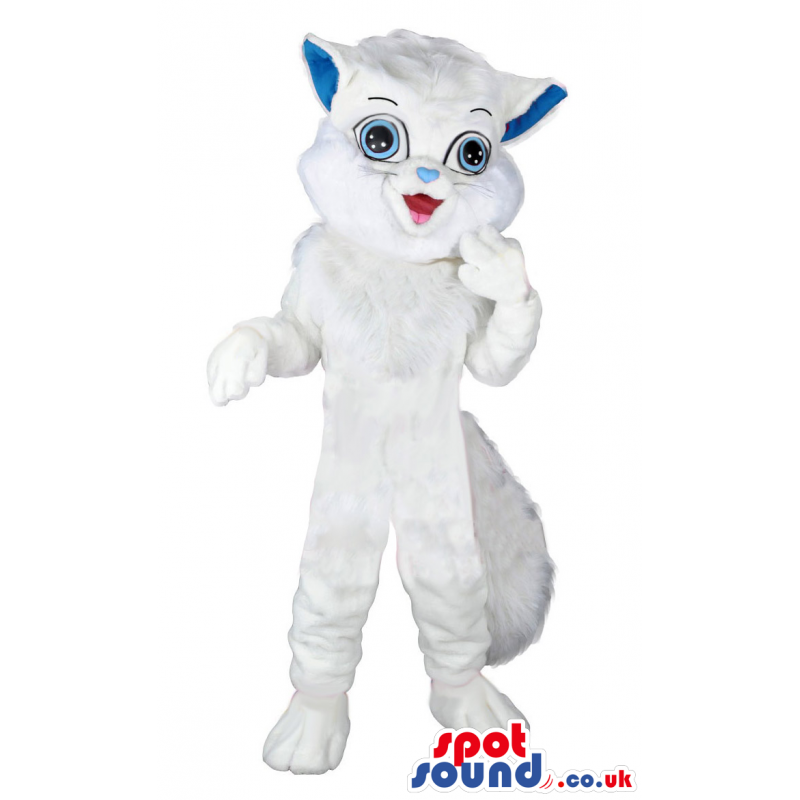 Plain White Pussy Cat Animal Mascot With Blue Eyes And Ears -