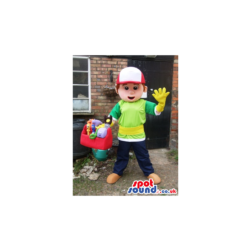 Boy Human Mascot With Cap And Green T-Shirt And Yellow Gloves -