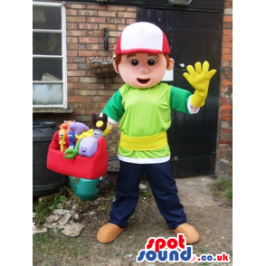 Boy Human Mascot With Cap And Green T-Shirt And Yellow Gloves -