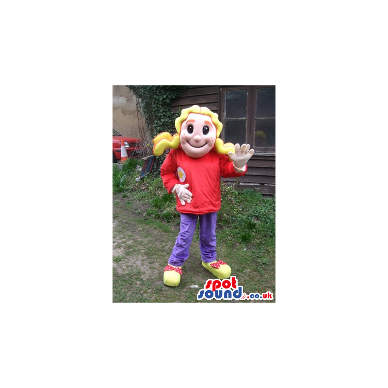 Blond Haired Girl Human Mascot With Red T-Shirt And Pants -