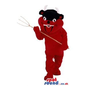 Customizable Red And Black Devil Mascot With A Pitch Fork -