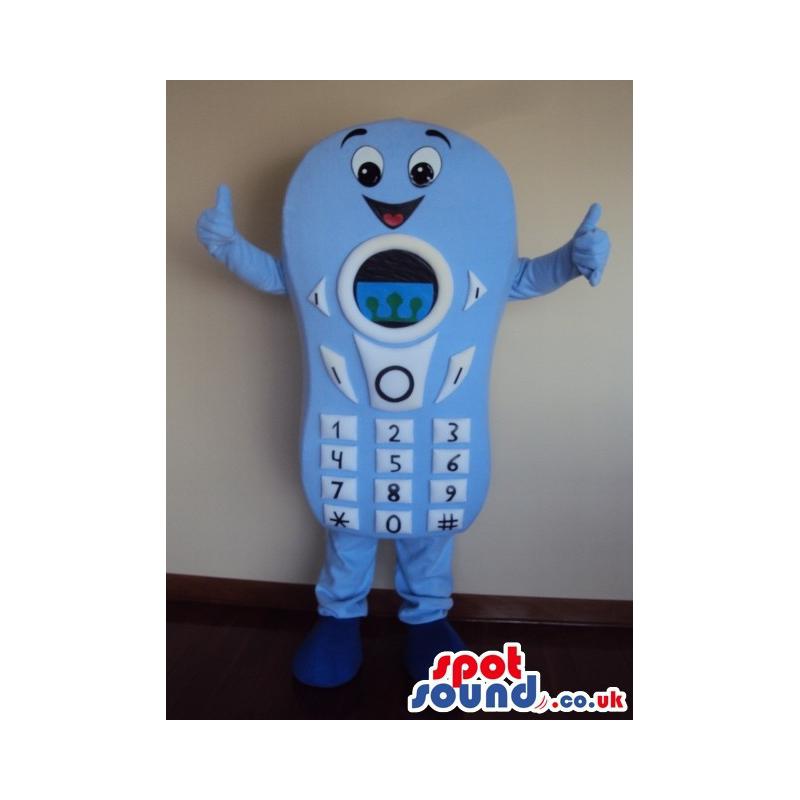 Blue cell phone mascot with cute smile and number key on it -