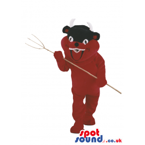 Customizable Red And Black Devil Mascot With A Pitch Fork -