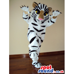 White And Black Tiger Animal Mascot With Pink Nose, Yellow Eyes
