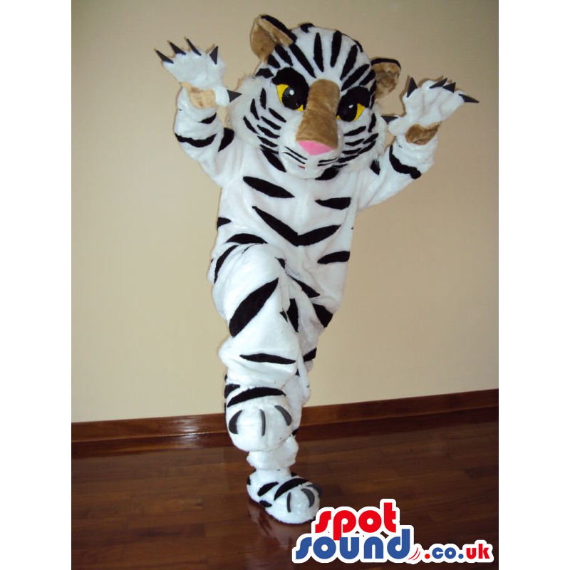 White And Black Tiger Animal Mascot With Pink Nose, Yellow Eyes