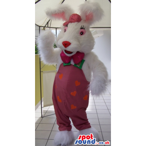 White Rabbit Animal Mascot Wearing Red Overalls With Hearts -