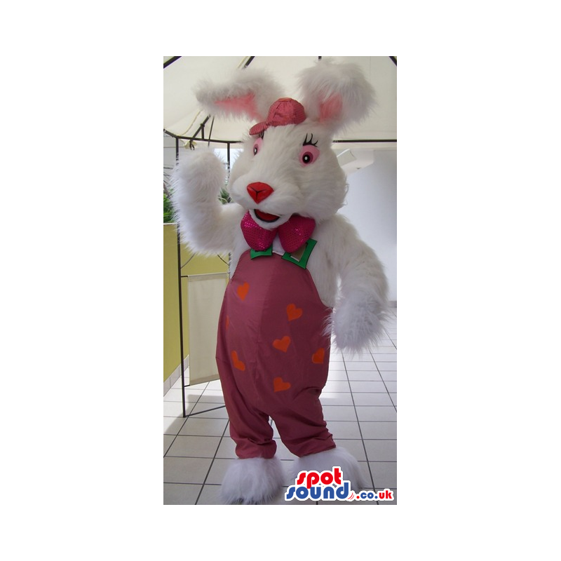 White Rabbit Animal Mascot Wearing Red Overalls With Hearts -