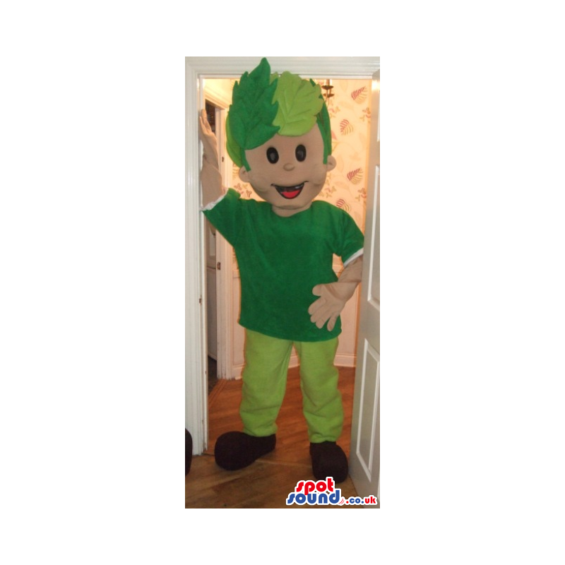 Boy Mascot With Green Clothes And Hair In Leaves - Custom