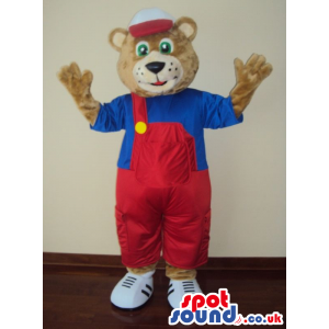 Brown Bear Animal Mascot Wearing Red Overalls And A Cap -