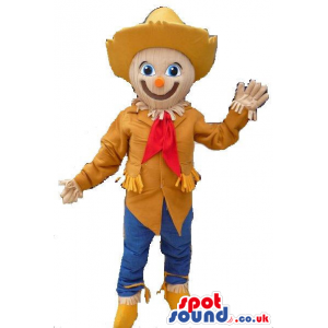 Scarecrow Character Mascot With Blue Pants And Brown Hat -